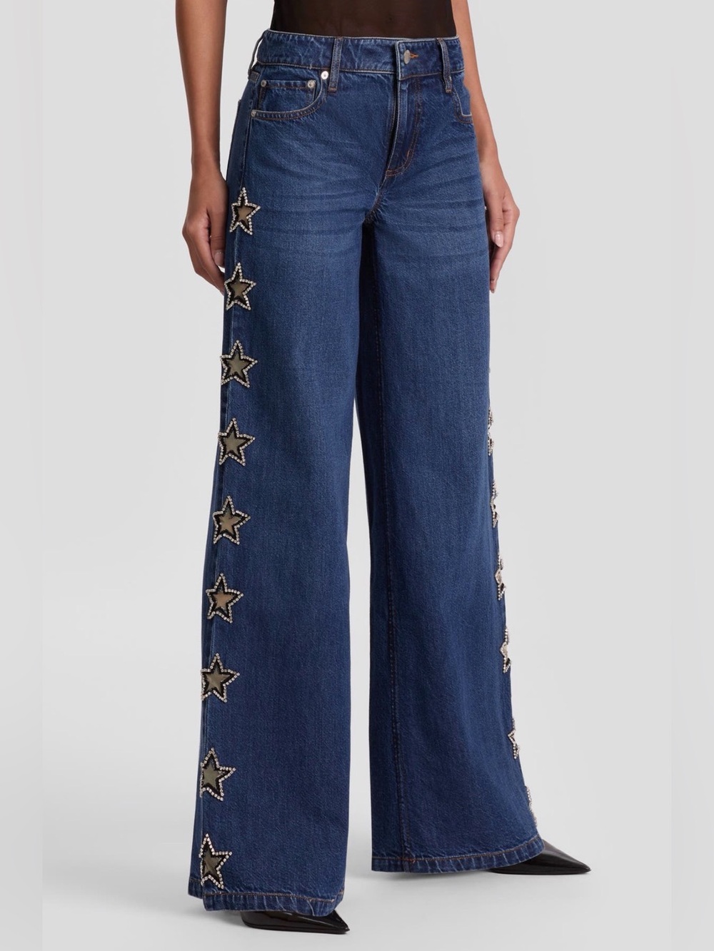 Alice + Olivia Wide Leg Star-Embellished Blue Denim Jeans size 27 Like New - Picture 8 of 10